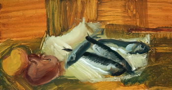 Ермолаева Вера Михайловна. Натюрморт с рыбами. Бумага, гуашь, белила, масло. 22,6х42,5. 1932. Музей `Царскосельская коллекция`.