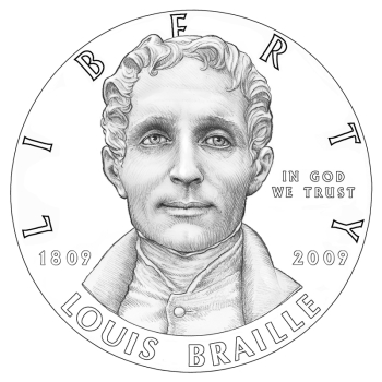 Луи Брайль (Louis Braille) на монете достоинством 1 доллар.