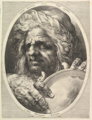 Ян Харменс Мюллер (Jan Harmensz Muller) (1571-1628), Хармен Янш Мюллер (Harmen Jansz Muller) (1539-1617). Хилон из Спарты. `О мёртвых либо хорошо, либо ничего, кроме правды`. Бумага, офорт. 47,9х36. 1615. Метрополитен-музей.