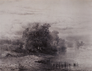 Саврасов Алексей Кондратьевич. Деревья у реки. Бумага, соус. 30х40. 1861. Государственная Третьяковская галерея.