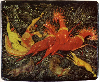 Голиков Иван Иванович. Тройка и волки. Палехская лаковая миниатюра. 6,5х7,8х2,2. 1924. Государственный музей Палехского искусства.