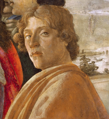 Сандро Боттичелли (Sandro Botticelli). Автопортрет на картине `Поклонение волхвов`. Дерево, темпера. 1475. Галерея Уффици.