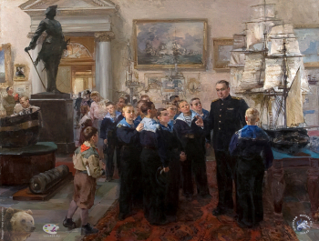 Иванова Александра Михайловна. Нахимовцы в Военно-морском музее. Холст, масло. 166,5х216. 1951. Научно-исследовательский музей при Российской академии художеств.