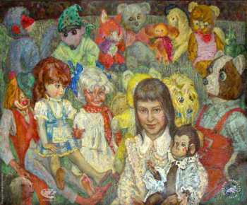 Борисов Альберт Иванович. Маша и её друзья. Картон, масло. 80х100. 1994. Авторское собрание.