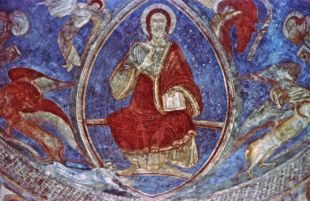 Неизвестный художник. Донатор Альберт Ахенский у подножия Христа. Старинная фреска. Около 1160 года. Аббатство Кнехтштеден.