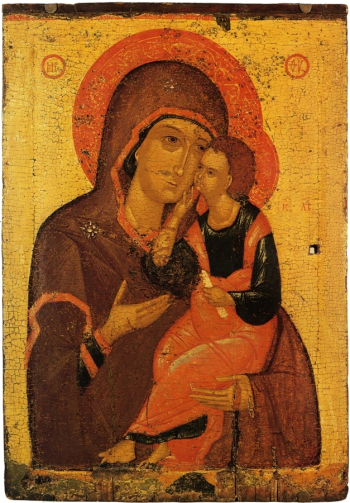 Неизвестный иконописец. Икона `Богоматерь Умиление` (Любятовская). Псковская школа иконописи. Доска, темпера. 109х77. Начало 15-го века. Государственная Третьяковская галерея.
