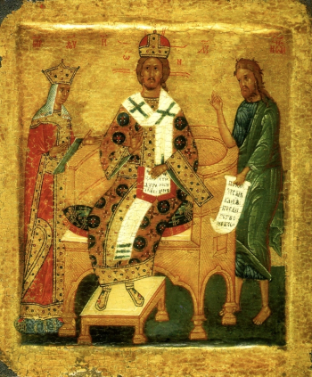 Неизвестный иконописец. Икона `Царь Царем (Царь Царей, Царь Славы, Предста Царица одесную тебе)`. Доска, темпера. 29х24. 15 век. Государственная Третьяковская галерея.