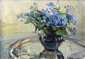 Цветкова Валентина Петровна. Незабудки. Картон, масло. 32,3х46. 1969. Алупкинский дворцово-парковый музей-заповедник.