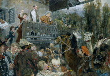 Адольф Фридрих Эрдман фон Менцель. Странствующий цирк (Погонщики верблюдов в Партенкирхене). Бумага на картоне, гуашь. 18х27. 1884. Государственный музей изобразительных искусств имени А.С.Пушкина.