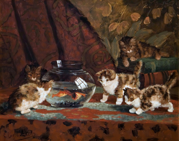 Луис Ламберт. Пятеро котят у аквариума. Холст, масло. 47х58,5. 1900. Частное собрание.
