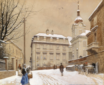 Франц Поледне. Снег на городской улице. Бумага, акварель. 25х31. 1901. Частное собрание.