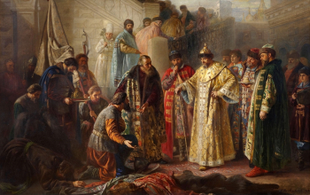 Ростворовский Станислав Романович. Послы Ермака у Красного крыльца перед Иваном Грозным. Холст, масло. 1884. Екатеринбургский музей изобразительных искусств.
