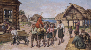 Гусак Григорий Виссарионович. Отряд пионеров. Картон, масло. 23,8х41,8. 1930-е. Дальневосточный художественный музей.