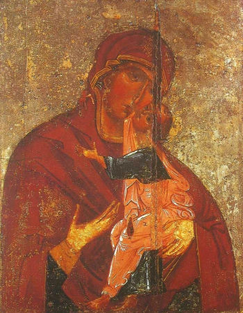 Неизвестный иконописец. Икона Божией Матери `Толгская III`. Доска, темпера. 78х60. Около 1327 года. Государственный Русский Музей.