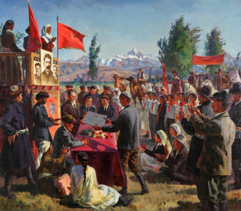 Покаржевский Пётр Дмитриевич. Вручение акта на вечное пользование землёй колхозникам Казахской ССР. Холст, масло. 100х130. 1937. Государственный центральный музей современной истории России.