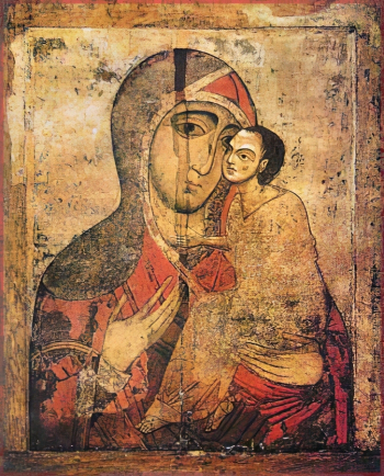Неизвестный иконописец. Икона Божией Матери Умиление (Старорусская). Доска, темпера. 100х81. 12-13 век. Государственный Русский музей.