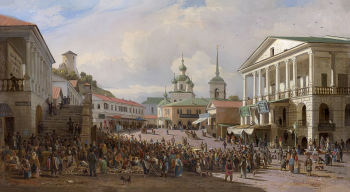 Верещагин Пётр Петрович. Базар в Нижнем Новгороде. Холст, масло. 43х75. 1860-е. Государственный музей А.М.Горького в Нижнем Новгороде.