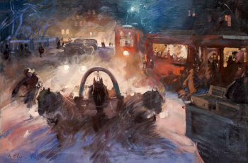 Сварог Василий Семёнович. Тройка в городе. Холст, масло. 83х124. 1931. Новгородский государственный объединенный музей-заповедник.
