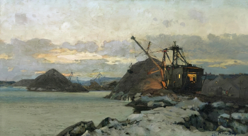 Рогаль Виталий Сергеевич. Рассвет над Ангарой. Холст, масло. 80х159. 1955. Иркутский областной художественный музей имени В.П.Сукачева.
