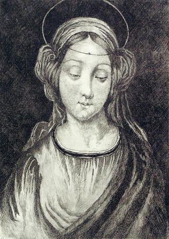 Кочетова Ольга Акимовна. Святая Мария. С оригинала Рафаэля Санти. Бумага, офорт. 1880-е. Вологодская областная картинная галерея.