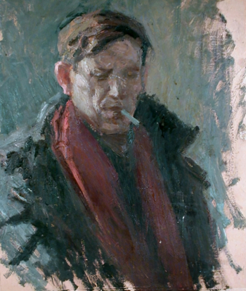 Кошевой Павел Тихонович. Автопортрет в красном шарфе. Картон, масло. 62х52. 1940. Частная коллекция.