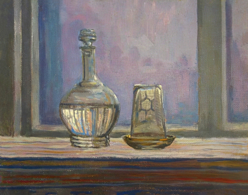 Опанасенко Николай Астафьевич. Графин и стакан. Картон, масло. 26х35. 1986. Горнозаводский краеведческий музей имени М.П.Старостина.