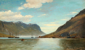 Кристиан Блаш. Корабль у фьордов. Холст, масло. 32х53,5. 1881. Частная коллекция.