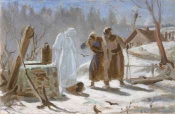 Перов Василий Григорьевич. Тающая Снегурочка. Бумага на картоне, масло. 21х33. 1879. Государственная Третьяковская галерея.