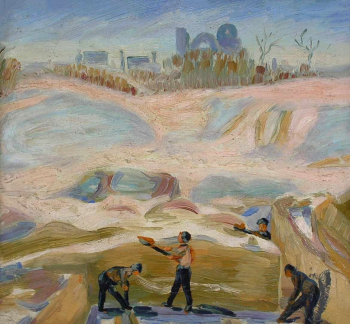 Аметов Искандер Алиевич. Археологические раскопки. Картон, масло. 43,3х49,5. 1975. Историко-этнографический музей-заповедник Шушенское.