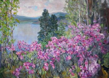 Пастухова Евгения Николаевна. Цветёт багульник (На Байкале). Холст, масло. 79,5х109,5. 1970-е. Городской музей `Искусство Омска`.