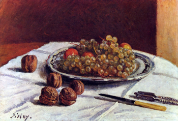 Альфред Сислей. Виноград и грецкие орехи на столе. Холст, масло. 38х55,5. 1880. Музей изящных искусств (Бостон).