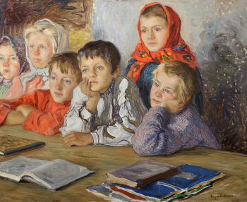 Богданов-Бельский Николай Петрович. Дети на уроке. Холст, масло. 80х98. 1910-е. Самарский областной художественный музей.