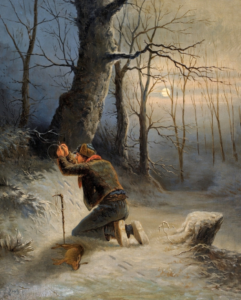 Бенджамин Крац. Браконьер снимает ловушку. Холст, масло. 40х32. До 1869. Частная коллекция.
