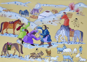 Гантулга. Бех барилдаан. Холст, гуашь. 23х31,5. 2007. Государственный музей истории литературы, искусства и культуры Алтая.