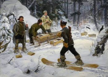 Гроховский Владимир Григорьевич. Хозяева тайги. Выпуск соболей. Холст, масло. 88х120. 1958. Томский областной художественный музей.