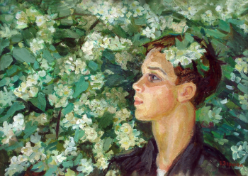 Зернова Екатерина Сергеевна. Мальчик у жасмина. Картон, масло. 50х70. 1973. Картинная галерея (Красноармейск).