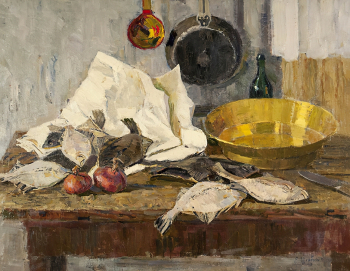 Щербаков Евгений Сергеевич. Натюрморт с рыбами. Холст, масло. 95х119. 1963. Калужский музей изобразительных искусств.