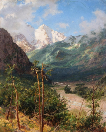Киселёв Александр Александрович. Вершины Эльбруса. Картон, масло. 41х33. 1901. Омский областной музей изобразительных искусств имени М.А.Врубеля.