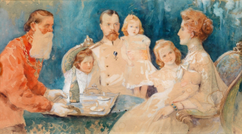 Самокиш-Судковская Елена Петровна. Царь Николай II с семьёй. Бумага, акварель. 18х31. 1902. Частная коллекция.