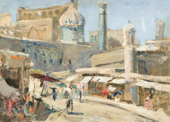 Яковлев Борис Николаевич. Базар в Самарканде. Картон, масло. 36х50. 1925. Звенигородский историко-архитектурный и художественный музей.