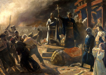 Лауриц Туксен. Епископ Абсалон уничтожает идол бога Святовита в Арконе в 1168 году. Холст, масло. 76х109. 1890-е. Музей национальной истории (Хиллерёд, Дания).