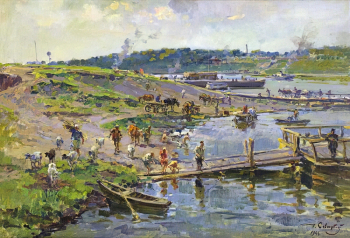 Савицкий Георгий Константинович. У парома в Касимове. Холст, масло. 69х103. 1946. Иркутский областной художественный музей имени В.П.Сукачева.
