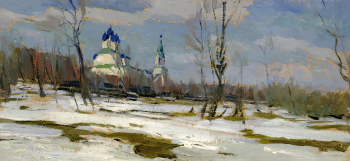 Куликов Виктор Петрович. Весна в Коломенском. Картон, масло. 22х49. 1960. Московский музей современного искусства.