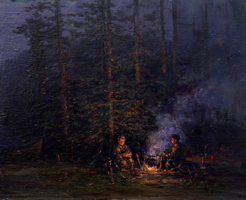 Казаков Александр Васильевич. Костёр в лесу. Холст на картоне, масло. 33,8х41,6. 1950-е. Художественная культура Русского Севера.