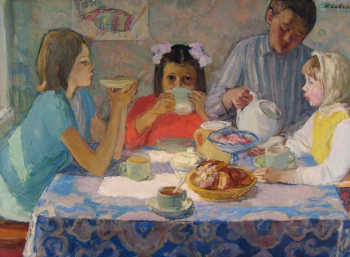 Савченкова Мария Владимировна. Чаепитие. Холст, масло. 85х115. 1977. Сальский музей имени народного художника В.К.Нечитайло.