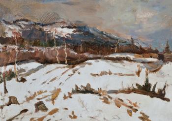 Третьяков Алексей Ильич. В предгорьях Верхоянска. Картон, масло. 36,6х52,3. 1940-е. Национальный художественный музей Республики Саха (Якутия).