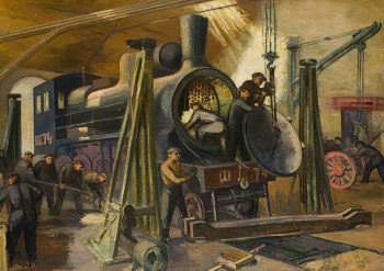 Пустовалов Тимофей Ермилович. Ремонт паровоза. Холст, масло. 120х165. 1931. Вятский художественный музей имени В.М. и А.М. Васнецовых.