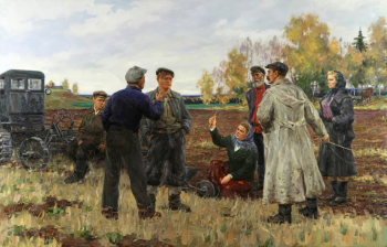 Гускин Вадим Николаевич, Касков Борис Фёдорович. Случай на пашне. Холст, масло. 133х203. 1954. Вятский художественный музей имени В.М. и А.М. Васнецовых.