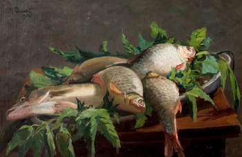 Ряжский Георгий Георгиевич. Натюрморт с рыбой. Холст, масло. 55х80. 1950. Магнитогорская картинная галерея.