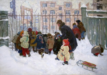 Воробьёва Надежда Дмитриевна. Детский сад на прогулке. Холст, масло. 93х133. 1960-е. Удмуртский республиканский музей изобразительных искусств.